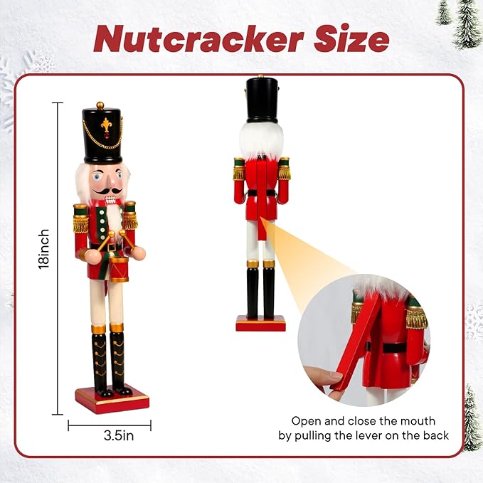 Nutcracker Christmas Decor, 18" Wooden Nutcracker Soldier Christmas Decoration Home Mantle Table Fireplace Christmas Ornaments for Festival Party(18" Hat Drum Nutcracker)