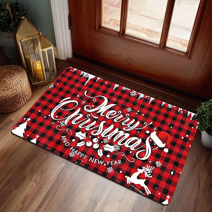 Merry Chirstmas Doormat Buffalo Plaid Door Mat for Front Door, Front Porch Rugs Easy Clean Welcome Mats Outdoor Rug Indoor Outdoor Winter Decor, 16" x 24" Inch