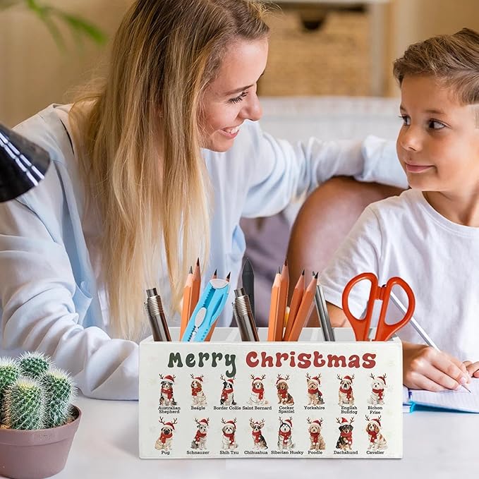 Merry Christmas Dog Pen Pencil Holder Organizer for Desk Accessories, Dog Lover Owner Gifts, Christmas Santa Dogs Chart Wooden Box Signs Decorations for Home Office Desk Tabletop