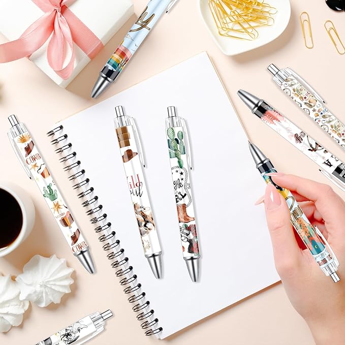 Western Cowboy Ballpoint Pens - 24PCS Cute Cowboy Print Pens Set Horse Cow Skull Smooth Writing Pens Retractable Boots Hat Pen for School Office Supplies for Women Teacher Birthday Gifts