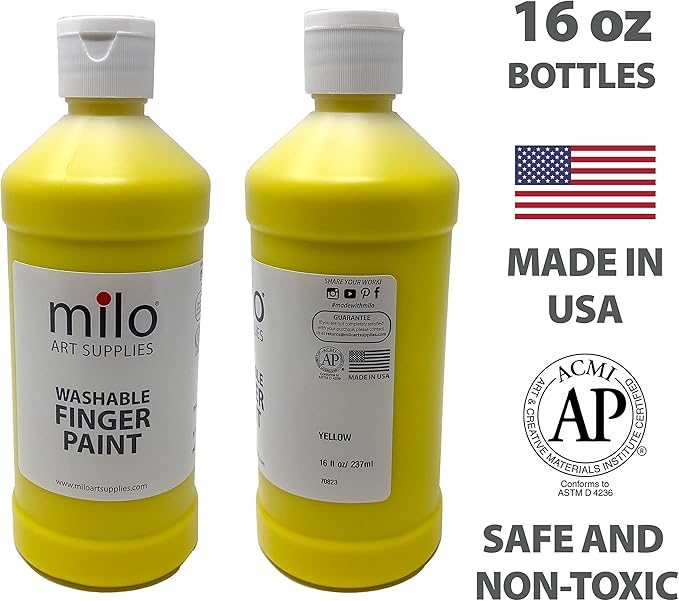 milo Kid's Washable Finger Paint Set of 8 Colors | 16 oz Bottles | Safe and Non-Toxic | Made in the USA | Art & Craft Paints for Kids, Toddlers, Pre School Supplies Painting Set for Children | Easy
