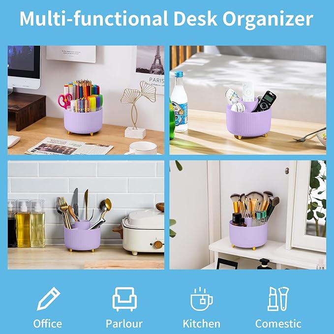 Marbrasse Desk Organizer, 360-Degree Rotating Pen Holder for Desk, Desk Organizers and Accessories with 5 Compartments Pencil Organizer, Art Supply Storage Box Caddy for Office, Home（Purple）