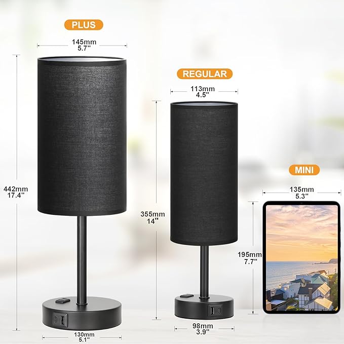 Fenmzee Touch Nightstand Lamp - Black, 3-Way Dimmable, USB A + C Charging, AC Outlet, 17.4inch Medium