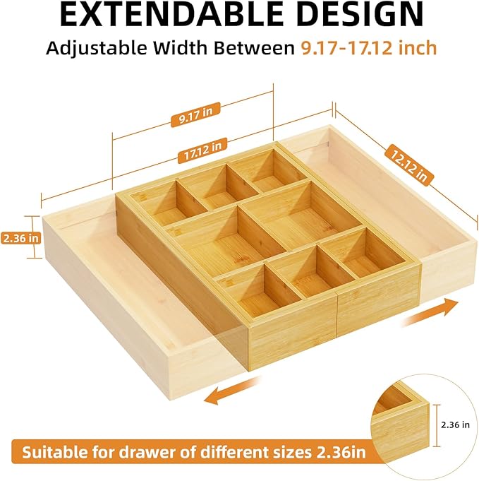 Marbrasse Bamboo Expandable Drawer Organizer, Desk Drawer Organizer Tray with 5 Dividers, Desk Organizers and Accessories, 10 Adjustable Compartments for Office Supplies, Junk, Makeup & Vanity