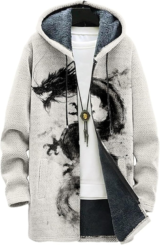 MARSVOVO Mens Cardigan Sweater Cool Graphic Lined Fleece Long Coat Zip With Pockets Fashion Coat Warm Fitted Jacket