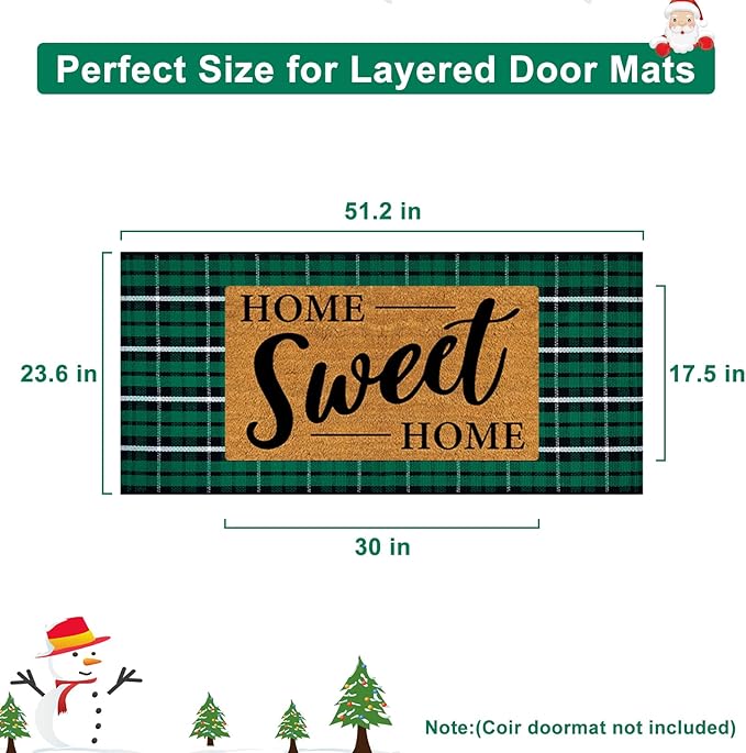 OJIA Christmas Door Mat Outdoor 24"x51" Green Plaid Front Door Rug, Washable Holiday Doormat Outdoor Porch Rug Farmhouse Throw Carpet Layered Door Mats for Entrance Kitchen Indoor Decor
