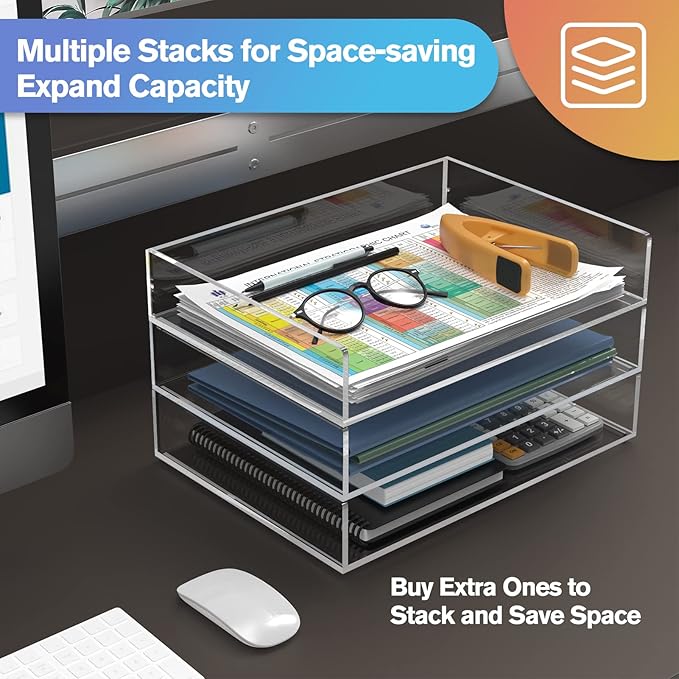 MaxGear 2-Tier Acrylic Letter Tray, Stackable Desk Paper Organizer, Clear File & Document Tray with Pull-Out, Acrylic Desk Organizer for Papers, Folders & Office Accessories