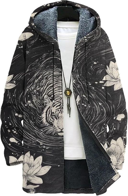 MARSVOVO Mens Cardigan Sweater Cool Graphic Lined Fleece Long Coat Zip With Pockets Fashion Coat Warm Fitted Jacket