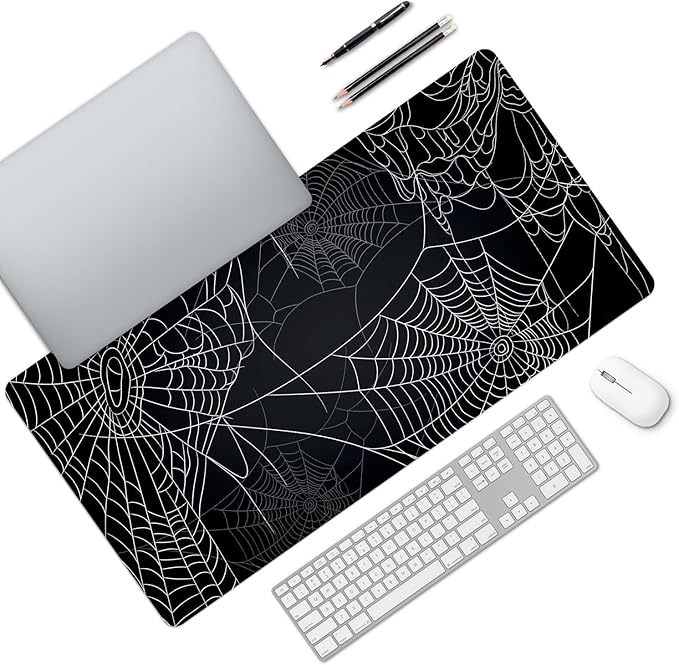 MAYCARI Halloween Cute Spider Webs Mouse Pad Kawaii Cartoon Funny Spirit Extended Desk Mat Non-Slip Rubber Baseb Large Black White Mousepad for Desk Gaming Laptop Desktop 31.5"X15.7"