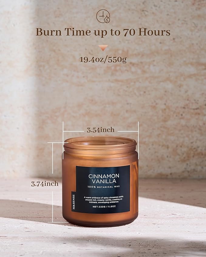 M&SENSE Cinnamon Vanilla Fall Scented Candles for Home, Natural Soy Wax 11.6oz 70 Hours Large Long Lasting Strong Scented Classic 2 Wicks Jar Candle Gift for Housewarming
