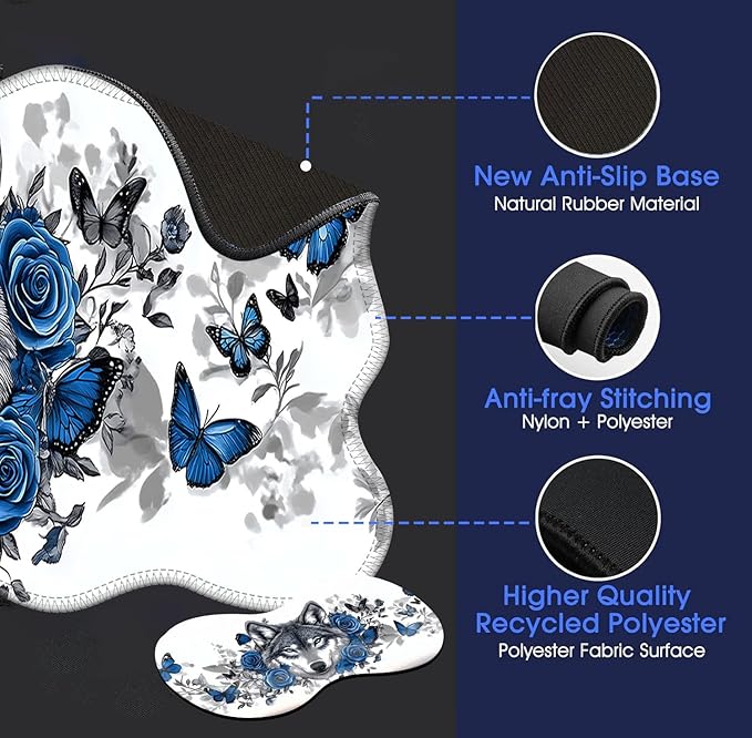 Large Mouse Pad and Keyboard Wrist Rest, Desk Pad for Keyboard and Mouse, 4-in-1 Large Gaming Mouse Pad with Wrist Support, Desk Mat for Home Office Study Game-Wolf Butterflies