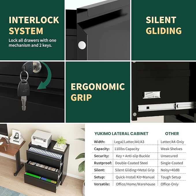 Lateral File Cabinet with Lock, 3 Drawer Metal File Cabinets for Home Office, Large Filing Storage Cabinet Printer Stand, Steel Wide File Cabinet for Legal/A4/F4/Letter Size Files, Black