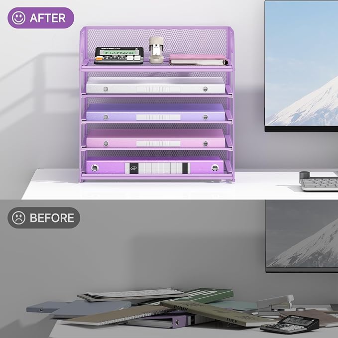 Lavatino Desk Letter Tray Paper Organizer, 5-Tier with Handle Metal Mesh Desktop File Organizer Paper Holder for Classroom Office Desk Accessories- Purple