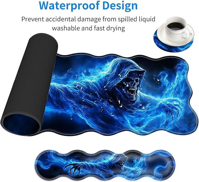 Large Mouse Pad and Keyboard Wrist Rest, Desk Pad for Keyboard and Mouse, 4-in-1 Large Gaming Mouse Pad with Wrist Support, Desk Mat for Home Office Study Game-Smoke Skull