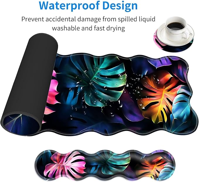 Large Mouse Pad and Keyboard Wrist Rest, Desk Pad for Keyboard and Mouse, 4-in-1 Large Gaming Mouse Pad with Wrist Support, Desk Mat for Home Office Study Game-Colorful Tropical Leaf