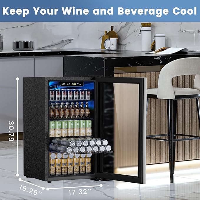 Mini Fridge 130 Can Beverage Refrigerator Cooler, 3.2 Cu.Ft Drink Fridge for Soda Wine Beer, Adjustable Temperature Control for Home Office, Black