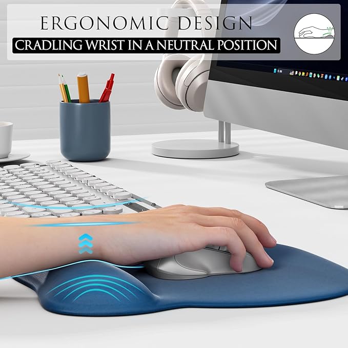 MROCO Ergonomic Mouse Pad with Gel Wrist Rest, Comfortable Mousepad with Smooth Wrist Support Surface and Non-Slip PU Base for Pain Relief, Computer, Laptop, Office & Home, 9.4 x 8.1 in, Navy Blue