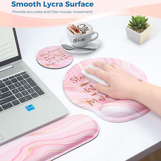 Mouse Pad and Keyboard Wrist Rest Support, with Non-Slip PU Base,Gel Mouse Pad with Coaster,Pain Relief for Gaming, Computer,Office -Pink Positive 3
