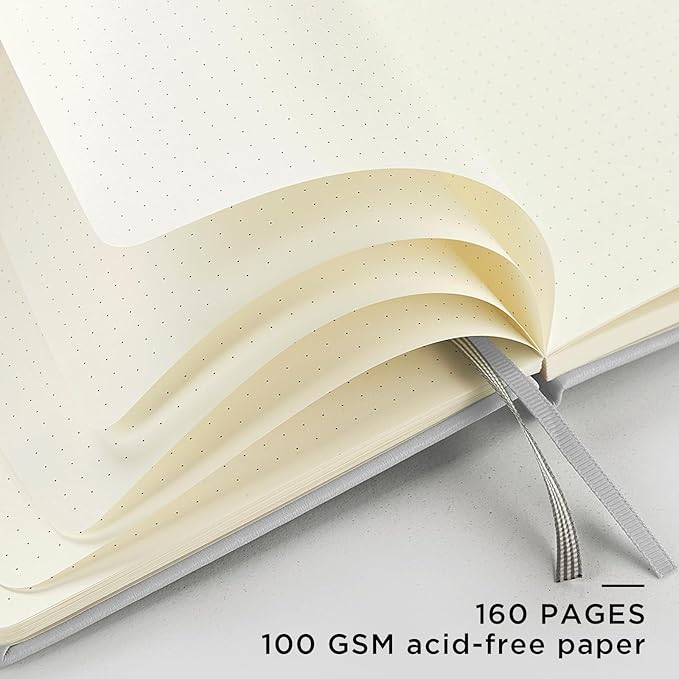 &And Per Se Dotted Journal Notebook, A5 Hardcover Leather Bullet Dotted Journal, 160 Pages 100 gsm Thick Paper, 3 Sheets of Stickers Included- 5.7'' x 8'' (Grey)