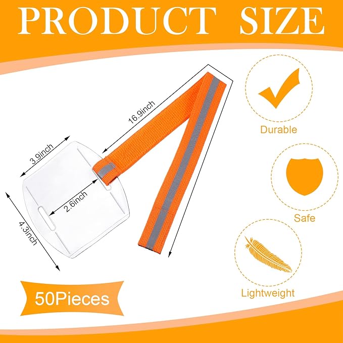 Meanplan 50 Pcs Arm Badge Holder Armband ID Badge Holder Bulk Visibility PVC with Adjustable Belt Elastic Armband Clear Name Tag for Work Pass, Postcards, Universal Size(Orange)