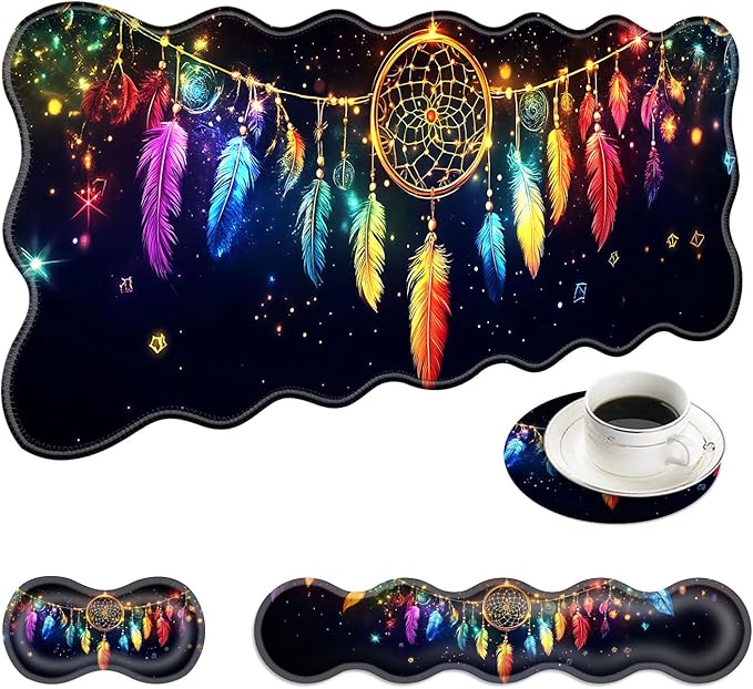 Large Mouse Pad and Keyboard Wrist Rest, Desk Pad for Keyboard and Mouse, 4-in-1 Large Gaming Mouse Pad with Wrist Support, Desk Mat for Home Office Study Game-Colorful Dreamcatcher
