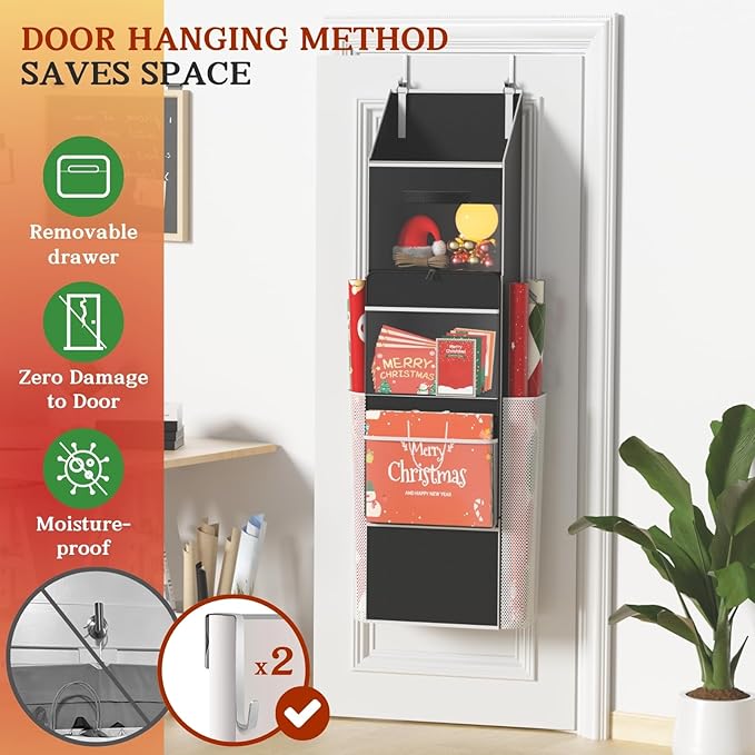 Ofiray-home 2-in-1 Wrapping Paper Organizer Storage, Over Door or Under Bed Organizer with Removable Drawer & 4 Clear Pockets Wrap Storage for Ribbons, Bows, Ornament and Other Tools