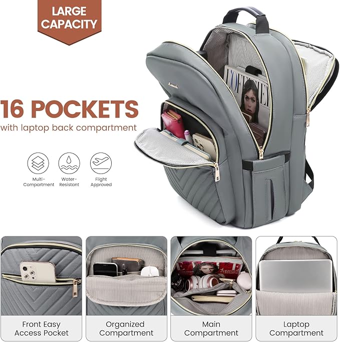 LOVEVOOK Laptop Backpack for Women 15.6 inch,Cute Womens Travel Backpack Purse,Professional Laptop Computer Bag,Waterproof Work Business College Teacher Bags Carry on Backpack with USB Port,Grey