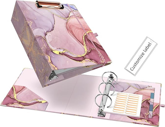 Ospelelf Mini 3 Ring Binder, 2 Inch, Cute Pink Marble Binder for 5.5" x 8.5" with 5 Tab Dividers, File Folder Labels and Low Profile Clipboards