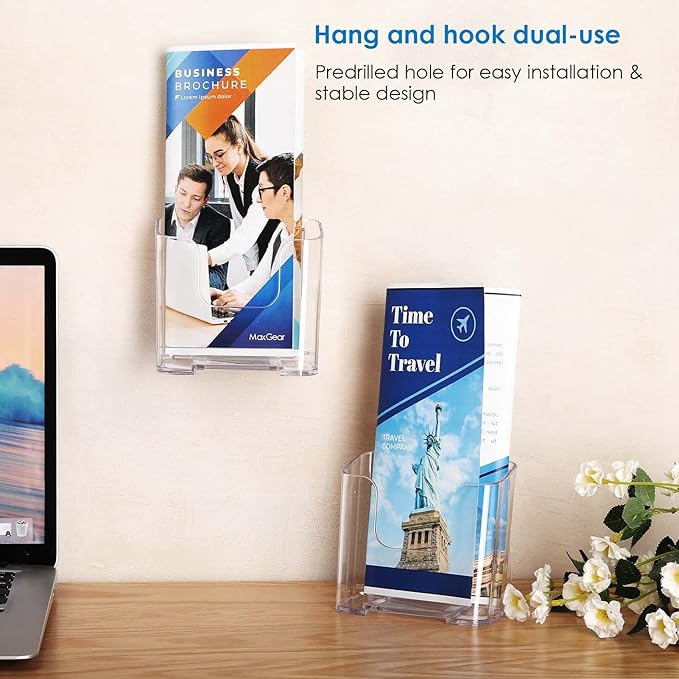 MaxGear 6 Pack Acrylic Brochure Holder, Trifold 4 inches Wide Pamphlet Holder Plastic Brochure Holder Wall Mount Clear Countertop Organizer Literature Holders Flyer Holder Plastic Display Stand