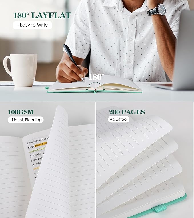 Lined Journal Notebook for Women, Hardcover Leather Journaling Notebooks, B5 200 Pages Large Journals for Writing, College Ruled Notebook for Work School, Note Taking Diary 7.6'' X 10'' Green