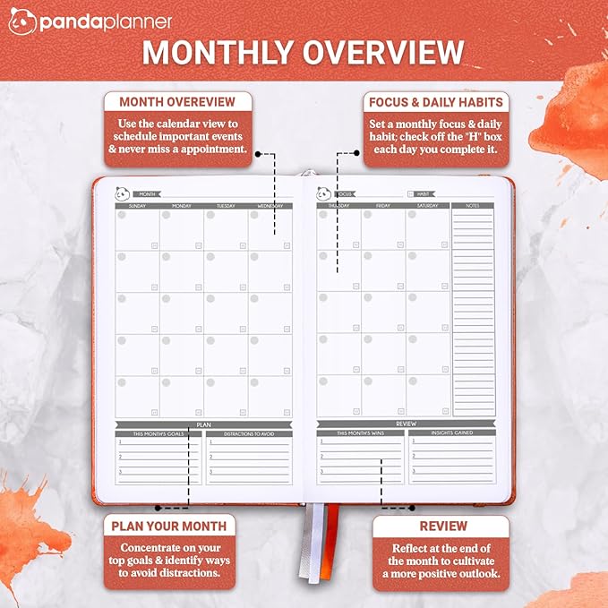 Panda Planner Classic A5 Daily Planner 2026 – Undated Quarterly Productivity Planner with Hourly Schedule, To Do List, Daily Journal, Goal Planner, Habit Tracker & Gratitude Organizer for Home/Office – Orange