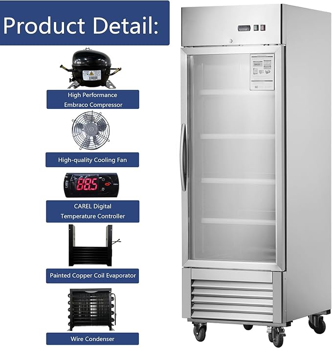 Merax Merex Commercial Refrigerator 27" W 1 Glass Door Stainless Steel Interior and Exterior Construction Upright Fan Cooling Reach-in Merchandising 18.68 Cu.ft, Silver