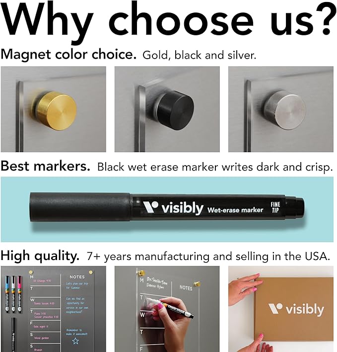 Magnetic Acrylic Weekly Calendar for Fridge, Weekly Meal Planner with Notes, Includes 4 Magnetic Wet-Erase Markers for Refrigerator, 9" X 12" | Black Hardware