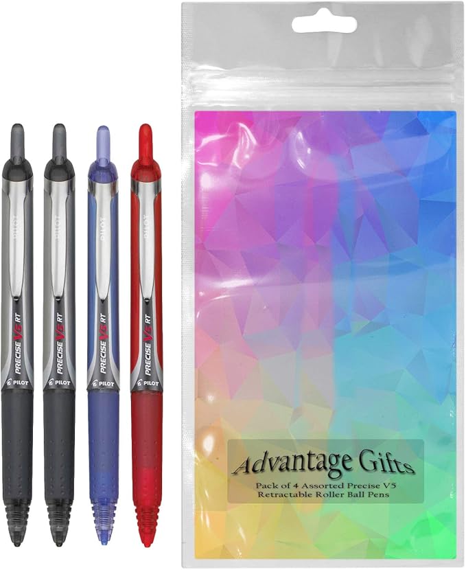 Precise V5 RT Retractable Rolling Ball Pens, Extra Fine Point (.5mm), Assorted Colors Black/Blue/Red Ink, 4-pk; Premium Comfort Grip, Bundle with Plastic Reusable Pouch