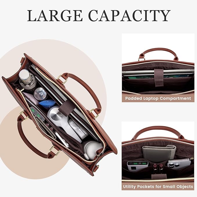 LOVEVOOK Laptop Bag for Women, 15.6 inch Leather Tote Bag Work Business Office Bag Waterproof Briefcase Computer Handbag Shoulder, Black-Brown
