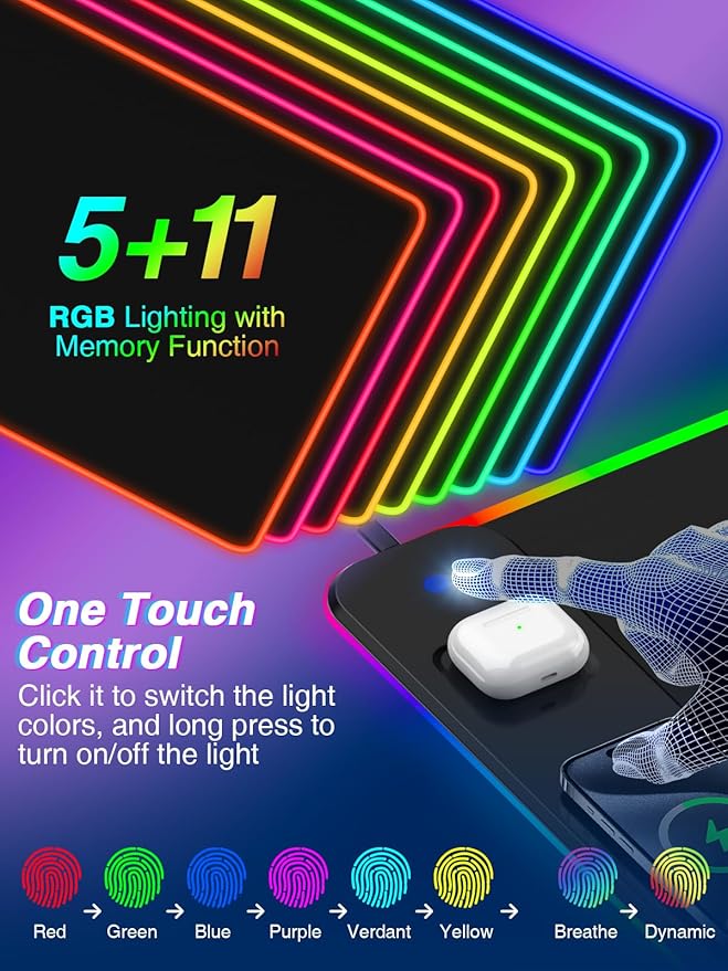 Magnetic RGB Gaming Mouse Pad 31.5x15.75 Inch, 15W Fast Wireless Charging Desk Mat, XXL Desk Pad with 11 RGB Lighting Modes, Home Office Large Keyboard Pad with Ultra-Smooth Surface, Non-Slip Base