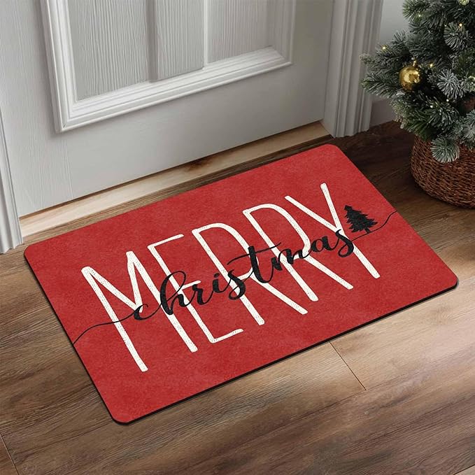 Merry Christmas Doormat Red Funny Text Door mat Outdoor Entrance Christmas Festival Carpet for Outside Entrance Or Porch Entry Entrance Decoration, 18" x 30"Inch