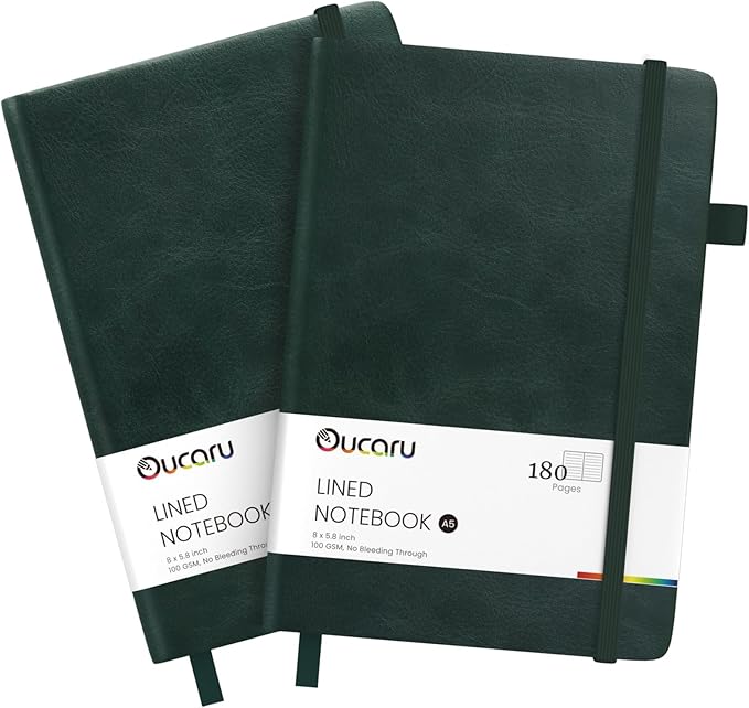 Oucaru Lined Journal Notebook, 2 Pack, 180 Pages, A5 Journals for Writing, 100 GSM Thick Paper, Small Notebooks Daily Journal for Women Men Work, Business, School, Travel Supplies