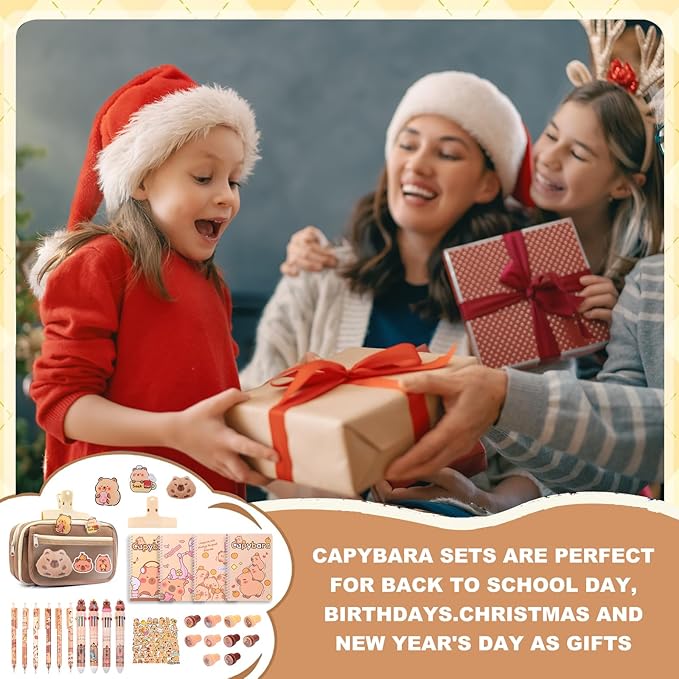 Adorable Capybara Stationery Set, Girls' Stationery Set Includes Pencil Case, Multi-Color Pens, Stickers, Pins, Notebook, Stamps. Perfect Cute Birthday Gift for Kindergarten and Elementary School.