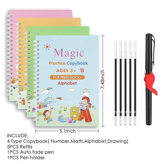Magic Practice Copybook for Kids, Magic Calligraphy That Can Be Reused,Magical Handwriting Workbooks Practice Copybook for Preschoolers Kindergarten(4Book + Pen Set)
