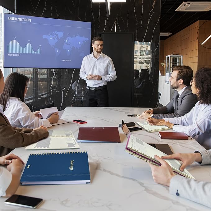 Meeting Notebook for Work Organization - Work Planner Notebook with Action Items, Agenda Planner for Note Taking, 160 Pages (6.9" X 9.9") Project Organizer for Men & Women - Navy Blue