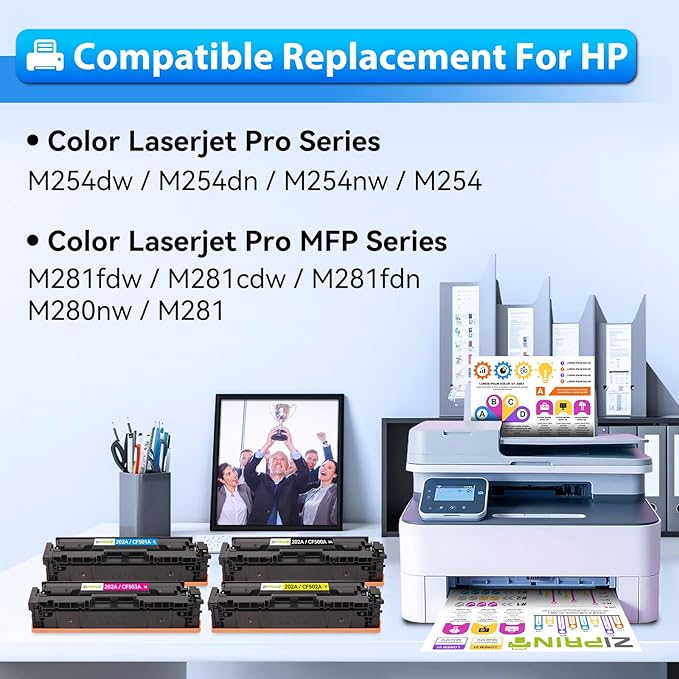 ZIPRINT Compatible Replacement for HP 202A 202X CF500A Toner Cartridge Compatible for HP Color Laserjet Pro MFP M281fdw M254dw M281cdw M281fdn M254dn M254nw M281 M254 Printer (B/C/Y/M,4-Pack)