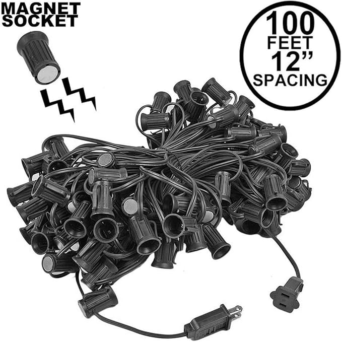 Novelty Lights C9 Light Stringer, 100 Feet Magnetic Socketed Holiday Light String, Black Wire with 12 Inch Spacing, E17 Sockets, for Indoor or Outdoor Steel Surfaces