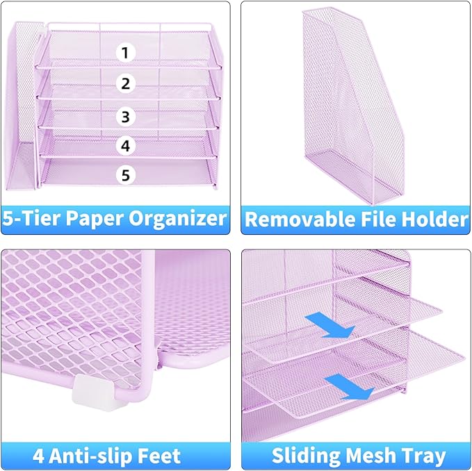 OPNICE 5-Tier Paper Organizer with Magazine Holder, Desk Organizers and Accessories, Office Desk Accessories & Workspace Organizers, Desktop File Organizer for Office Supplies Storage, Purple