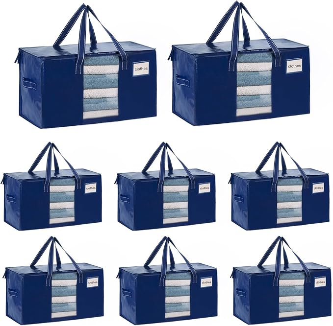 VENO 8 Pack Moving Bags, Comforter and Blanket Storage Bags for Closet, Moving Boxes, Boxes with Lids Alternative, College Dorm Packing Supplies, Foldable Heavy-Duty Tote with Window (Blue, 8 Pack)