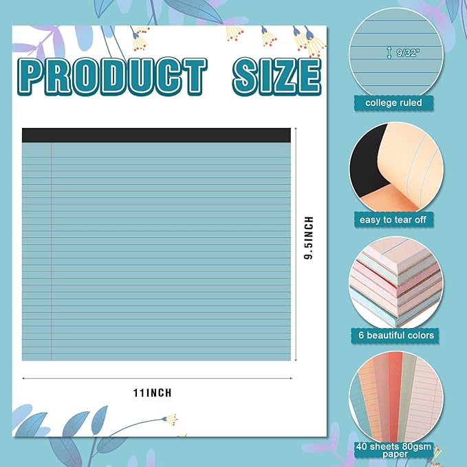 Lincia 6 Pcs 11" x 9.5" Legal Pads College Ruled Notepad Landscape Notebook Horizontal Lined Notebook 80 Gsm Assorted Colors Paper Pastel Writing Pads for School Office, 40 Sheet (Vintage Color)