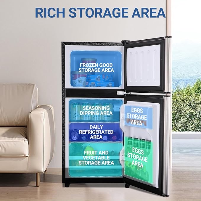 Mini Fridge with Freezer, 4.0 Cu. Ft. Double-Door Mini Refrigerator with 7-Level Adjustable Thermostat & Adjustable Glass Shelves, Compact Dorm Fridge 37 dB Low Noise for Bedroom, Apartment, Silver