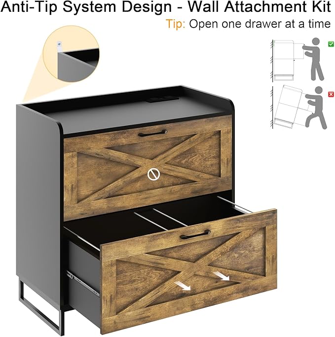 Lateral File Cabinet with Charging Station, 2 Drawer File Cabinet for Letter/Legal/A4 Size Hanging Files, Large Wood File Storage Cabinets, Rustic Brown and Black