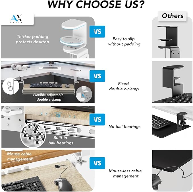 AX WABER Keyboard Tray Under Desk Pull Out with Extra Sturdy C Clamp Mount System, 27.3 (32.5 inch Including Clamps) x 11 Inch Slide-Out Platform Computer Drawer for Typing Grain AX01WG01