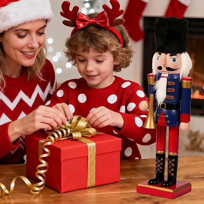 Nutcracker Christmas Decor, 14" Wooden Nutcracker Soldier Christmas Decoration Home Mantle Table Fireplace Christmas Ornaments for Festival Party(14" Black Fur Hat Horn Nutcracker)